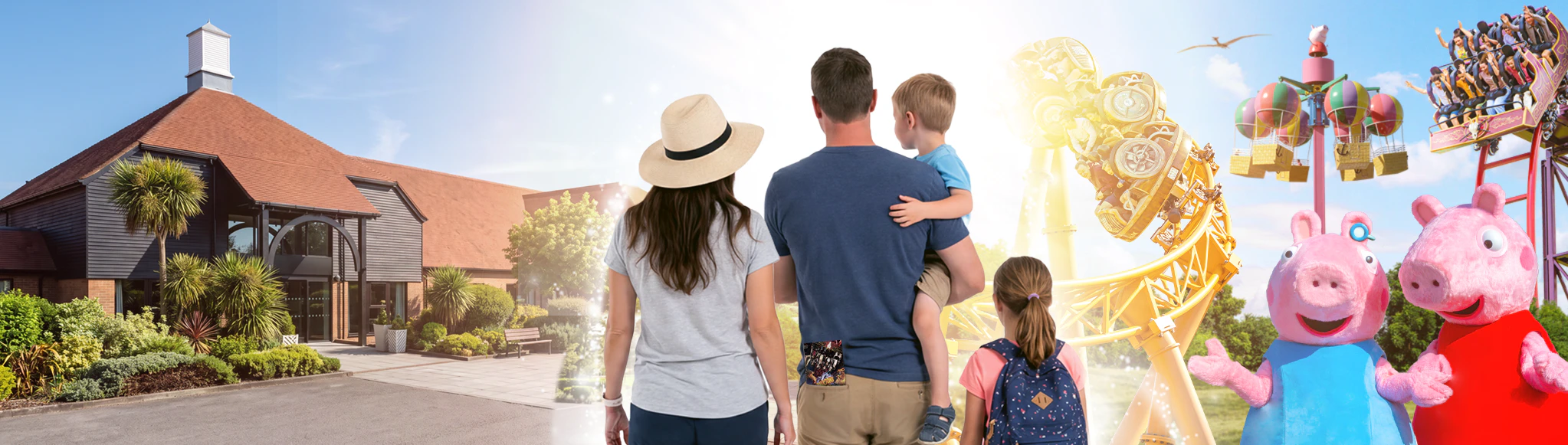 Family enjoying a Paultons Park short break with a nearby hotel, rides and Peppa Pig characters