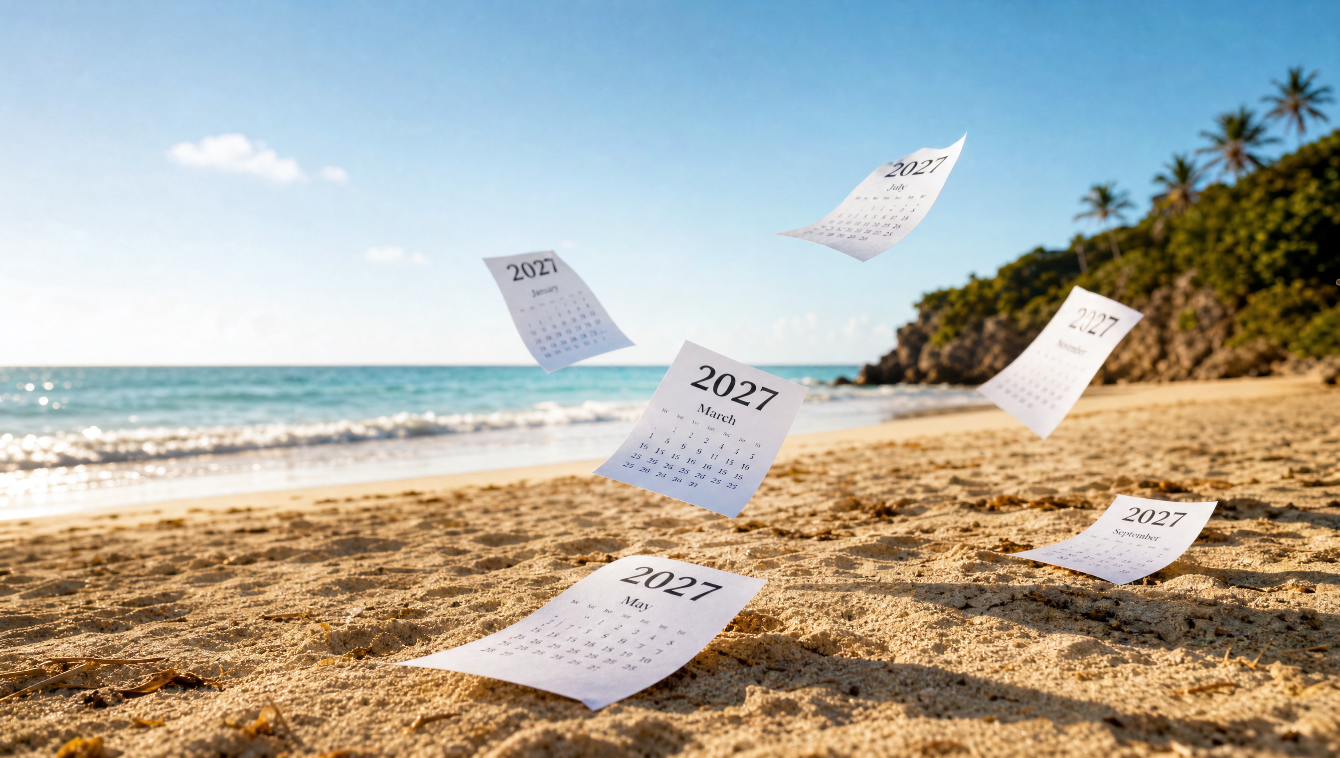 Loose 2027 calendar pages blowing across a sunny sandy beach with clear blue sky and turquoise ocean waves – passing time and summer holiday vibe.